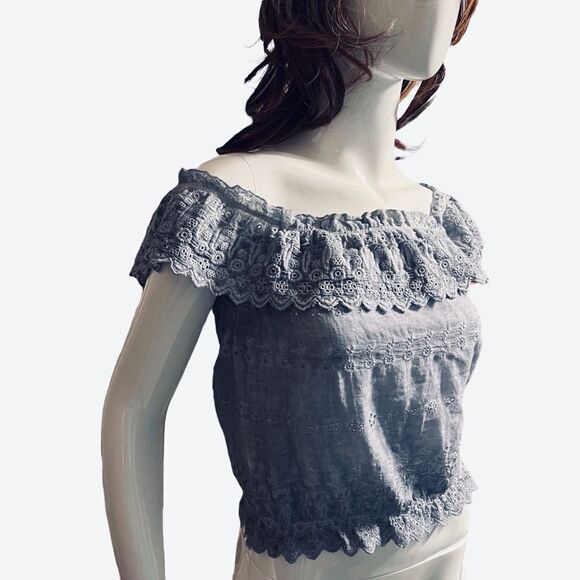 Off The Shoulder Dusty Blue Short Eyelet Blouse American Eagle Outfitters XS - Picture 6 of 11